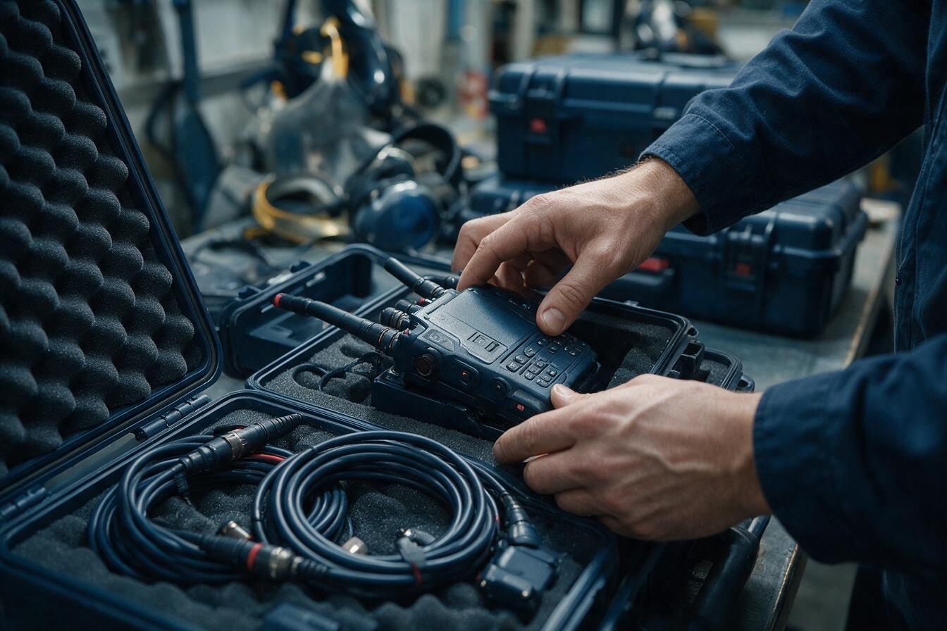 Rugged communications equipment being prepared in a protective case
