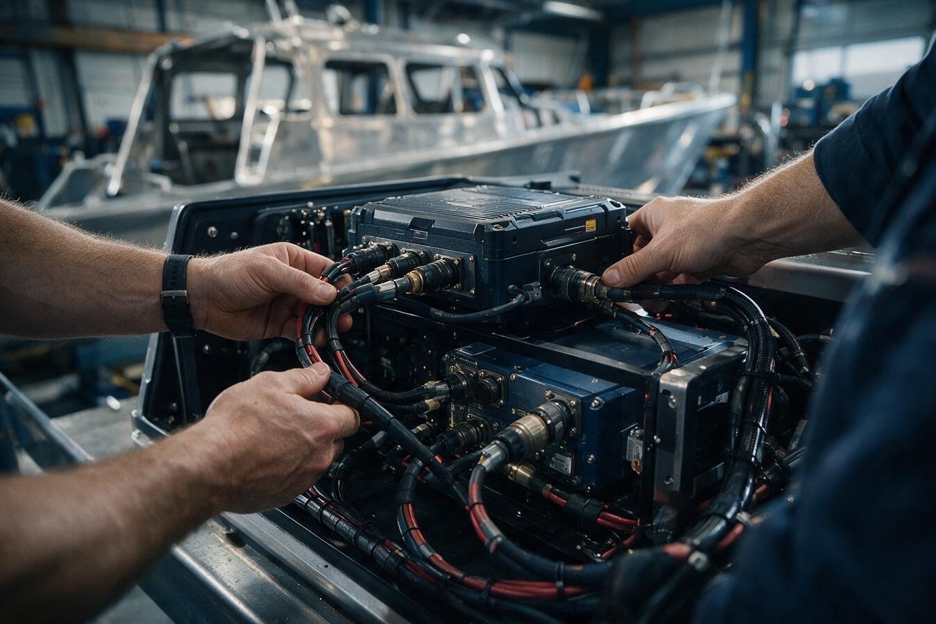 Engineers integrating electronics into a maritime platform