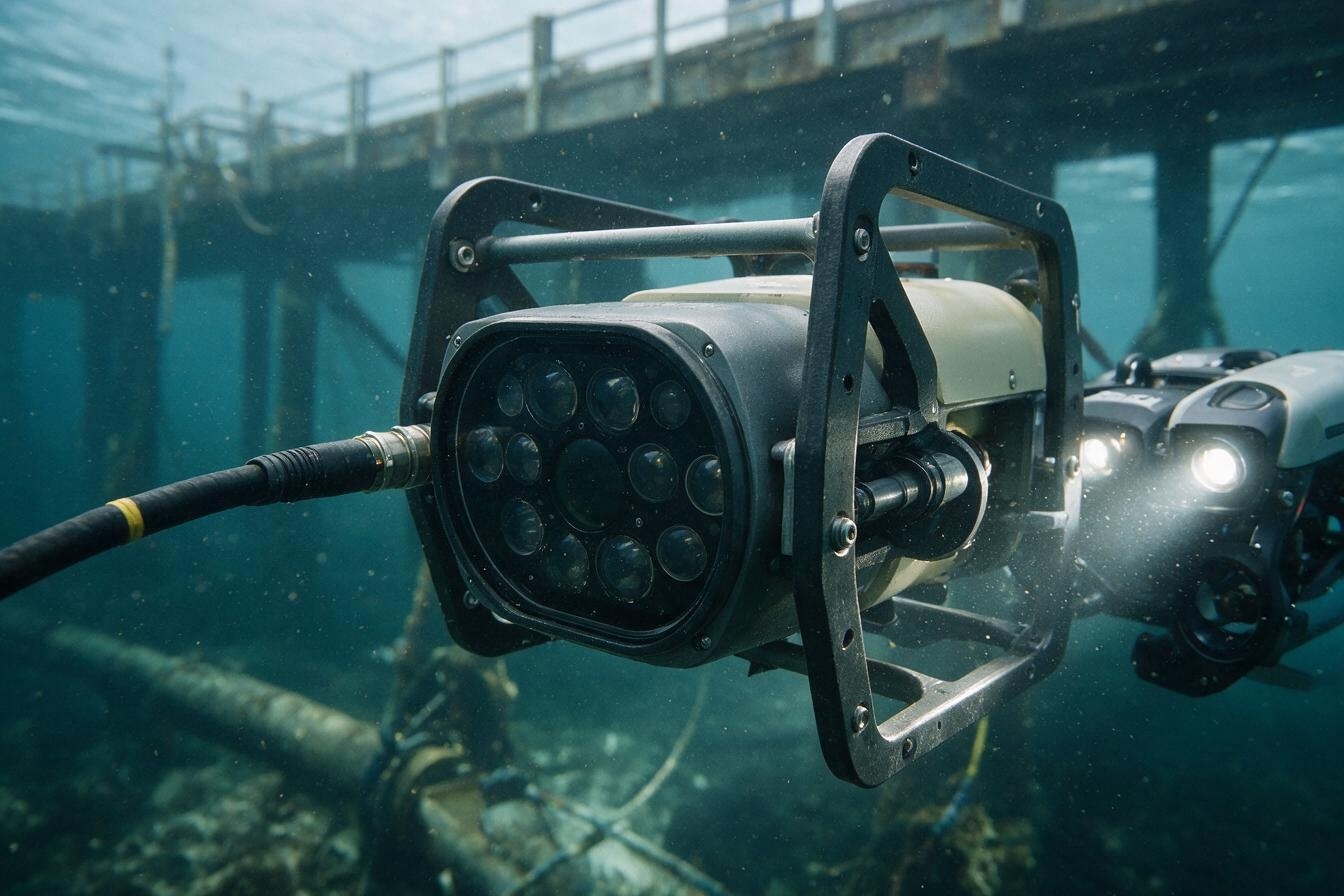 Underwater sensing assembly near submerged infrastructure