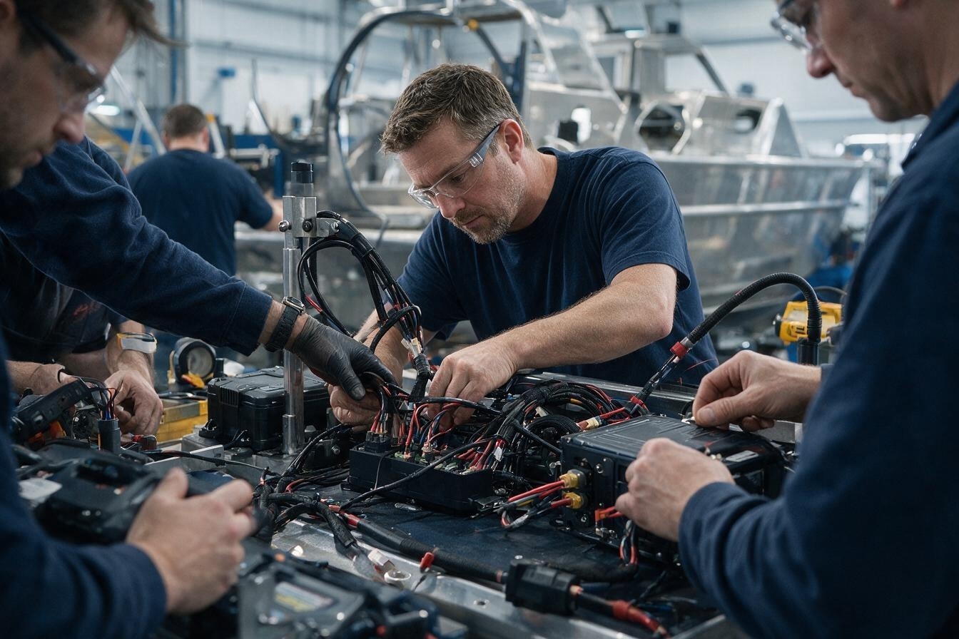 Technicians integrating electronics in a maritime workshop