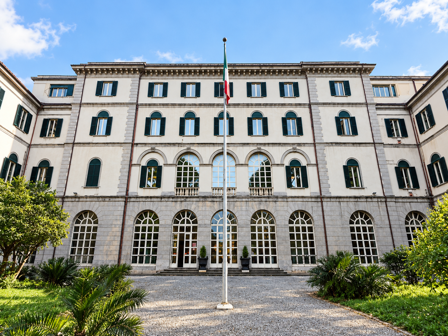 Italian building and courtyard with the national flag